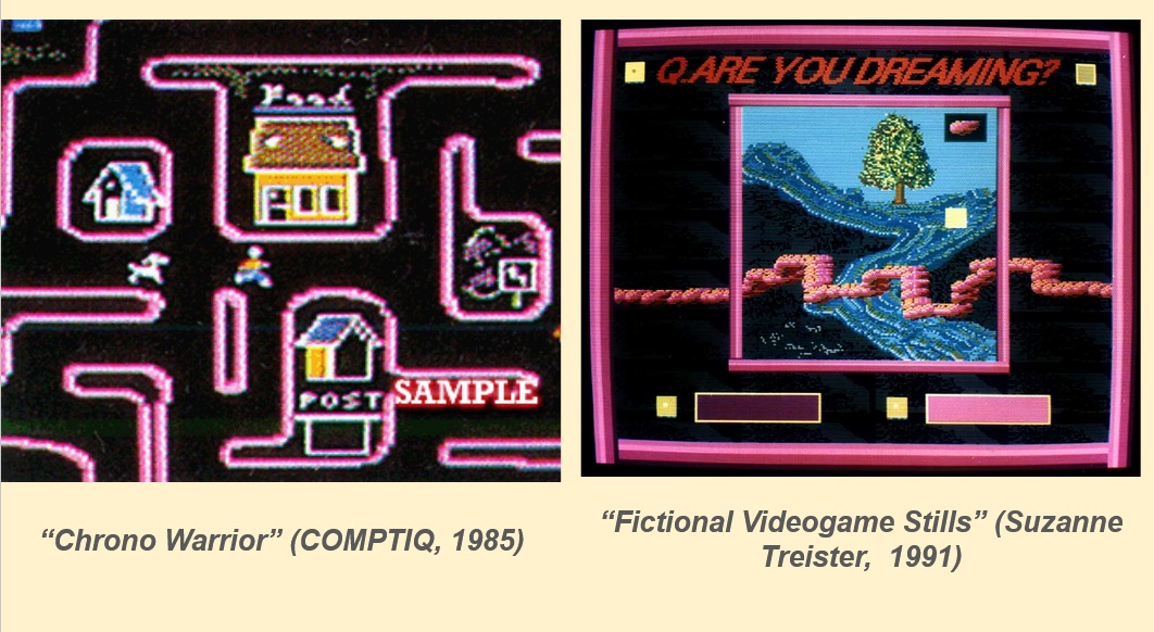Suzanne Treister videogame still set next to weirdly similar PC88 game screenshot