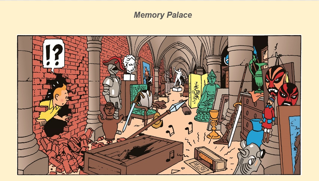 Tintin explores a cluttered basement filled with objects